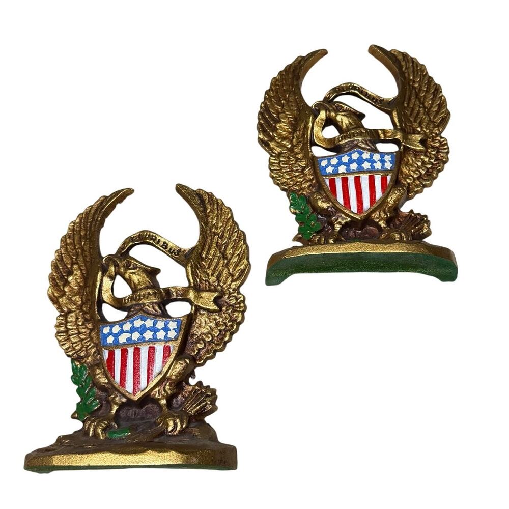 Vintage Cast Iron American Eagle Bookends Pair USA
